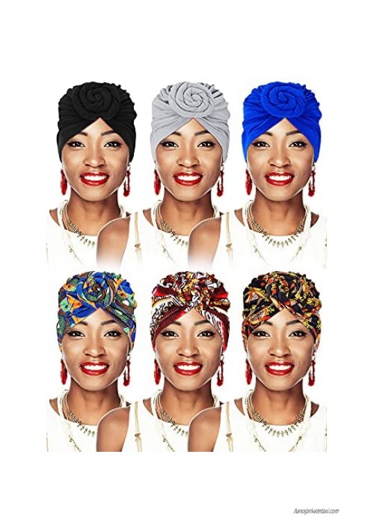 Hicarer 6 Pieces African Turban with Button Women Flower Knot Pre-Tied Bonnet Beanie Hat (Retro Styles)