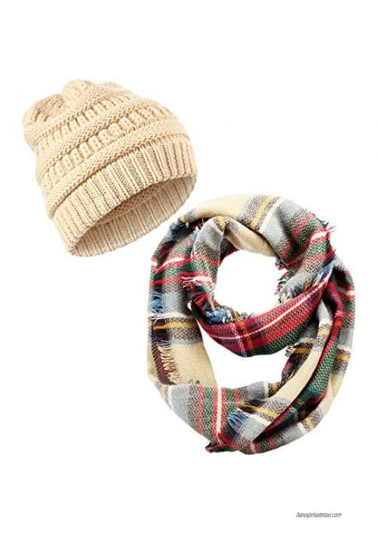 Plaid Print Infinity Scarf and Cable Knit Beanie Set Winter Warm Plaid Infinity Scarf Stretch Knit Beanie Skull Cap for Women