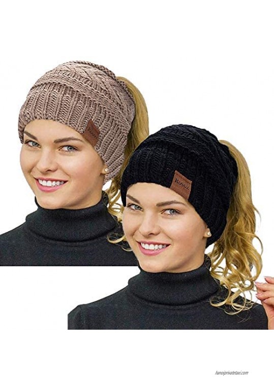Rosoz Ponytail Beanie for Women Winter Warm Beanie Tail Soft Stretch Cable Knit Messy High Bun Hat
