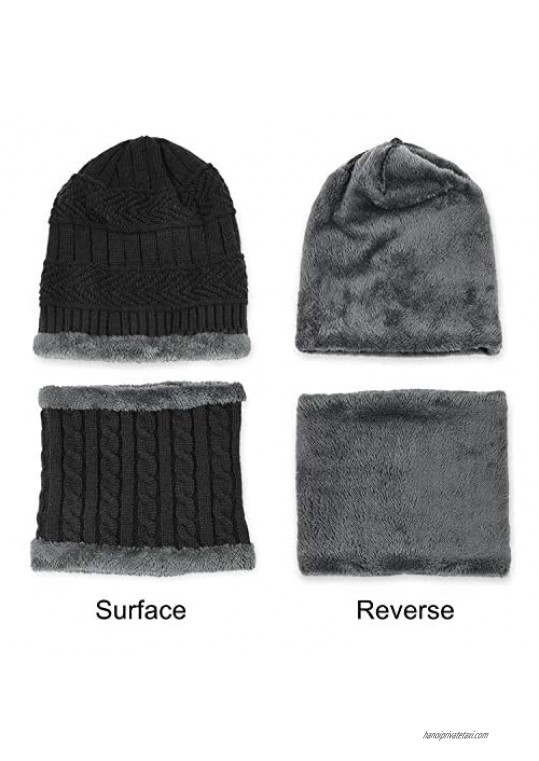 Winter Knit Beanie Hat Neck Warmer Gloves Set Fleece Lined Skull Cap Infinity Scarves Touch Screen Mittens for Men Women