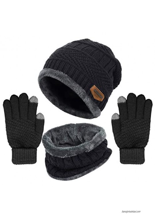 Winter Knit Beanie Hat Neck Warmer Gloves Set  Fleece Lined Skull Cap Infinity Scarves Touch Screen Mittens for Men Women