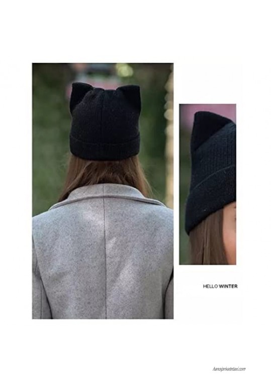 Women Cat Ear Beanie Hat Wool Braided Knit Trendy Winter Warm Cap