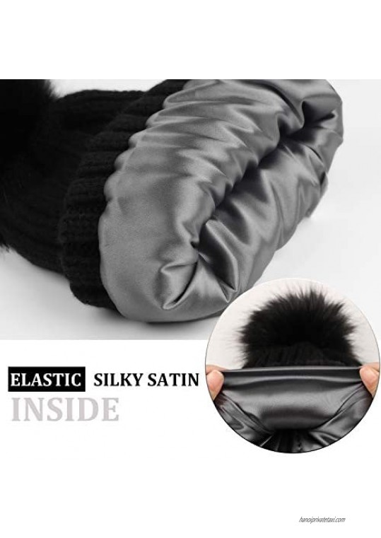 Womens Satin Lined Pom Beanies Winter Knitted Pom Hat with Silk Satin Linging for Girls