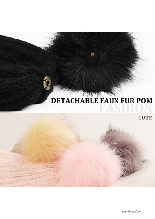 Womens Satin Lined Pom Beanies Winter Knitted Pom Hat with Silk Satin Linging for Girls