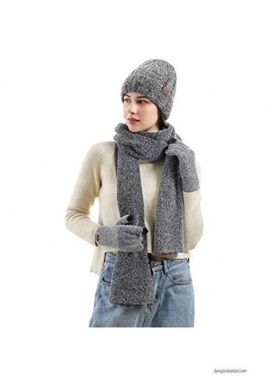 Womens Winter Warm Knit Beanie Hat Touchscreen Gloves Long Scarf Set with Fleece Lined Skull Cap Gloves Neck Warmer for Women