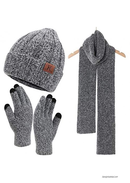 Womens Winter Warm Knit Beanie Hat Touchscreen Gloves Long Scarf Set with Fleece Lined Skull Cap Gloves Neck Warmer for Women