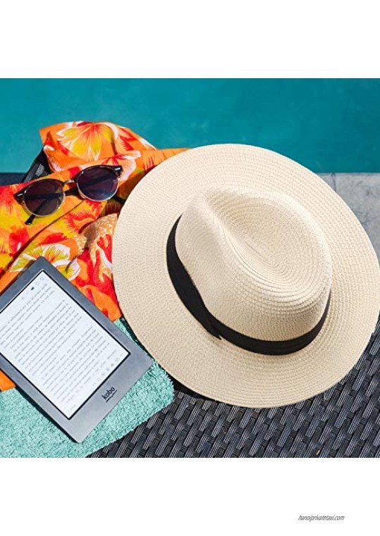 3 Pieces Women Panama Straw Hat Wide Brim Straw Hat Roll up Cap Beach Sun Hat