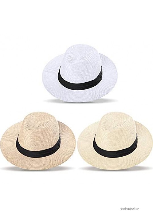 3 Pieces Women Panama Straw Hat Wide Brim Straw Hat Roll up Cap Beach Sun Hat
