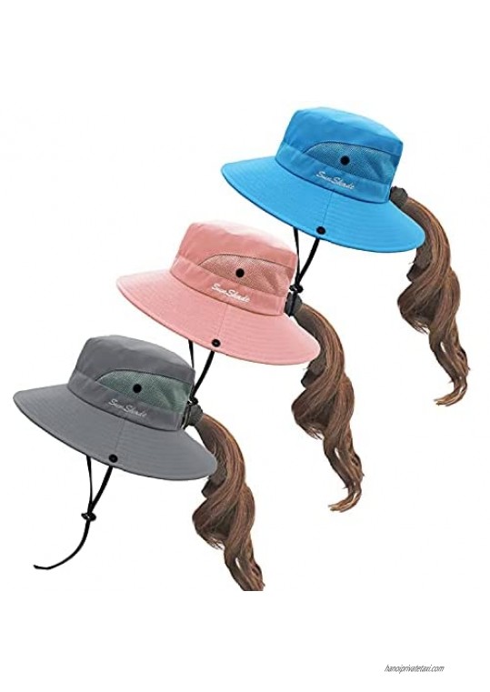 3 Pieces Women Ponytail Sun Hat Packable UV Protection Beach Cap Foldable Mesh Wide Brim Beach Fishing Hat
