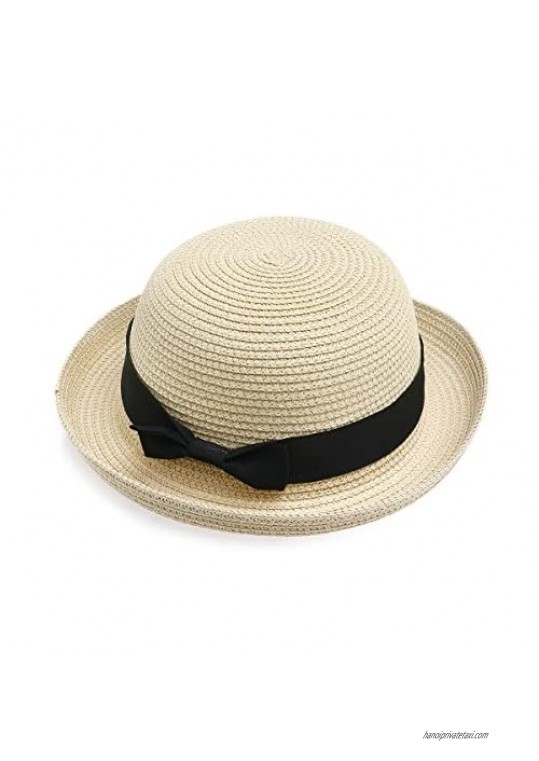 BinaryABC Summer Straw Hats Sun Hat Bowler Hat Beach Cap for Women(Head Circumference 57cm) Beige