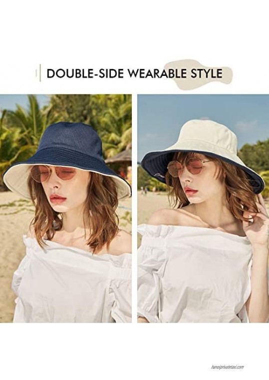 CACUSS Women's UPF 50+ Foldable Summer Sun Hats Reversible Wide Brim Beach Hat with Neck Protection Chin Strap Size M/L