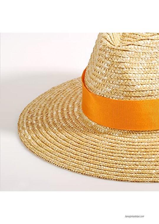 Cancan Sun Hat Womens Mens Wide Brim Straw Panama Hats Fedora Summer Beach Hat UPF 50+ Unisex with 3 Colors Ribbon Removable Beige