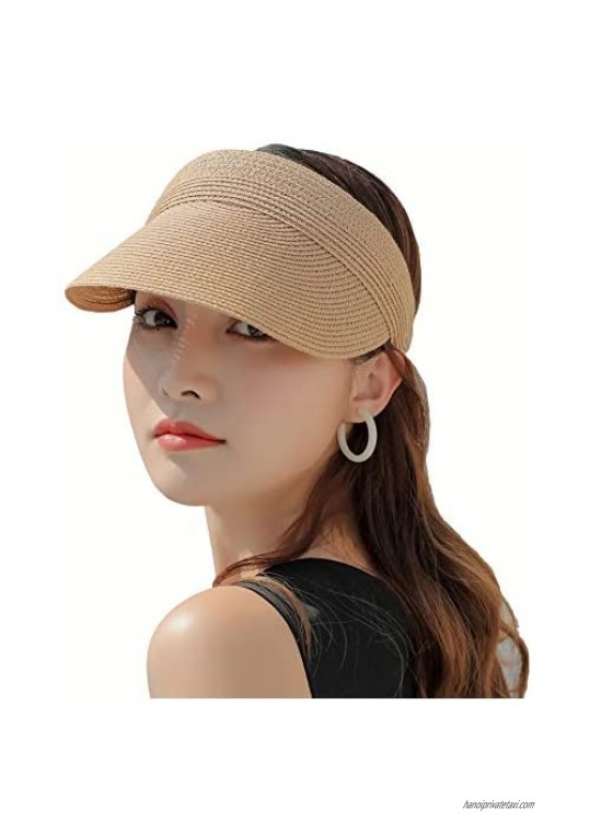FMJIUGE Brown Beach Hats for Summer Womens Wide Brim Roll-Up Visor Straw Hats Fashion Ladies Packable Sun Hats