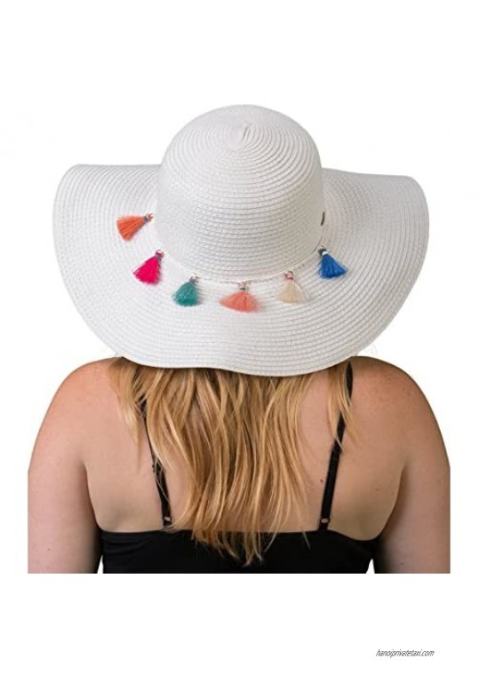 Funky Junque Women's Pom Tassel Packable Adjustable Straw Beach Floppy Sun Hat