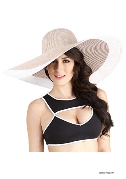 HISSHE Noble Straw Wide Brim Hat Floppy Beach Sunhat with White Brim