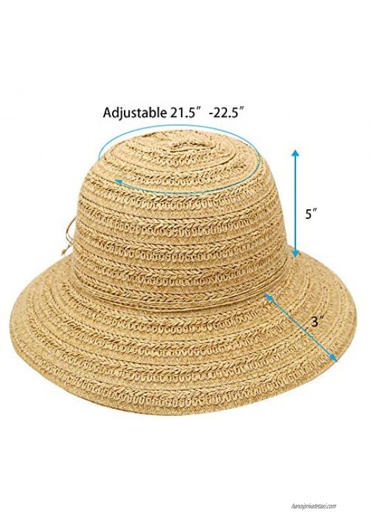 Krono Krown Women's Summer Straw Cloche Bucket Beach Sun Hat w/Suede Bow - Paper Straw Adjustable UPF50+