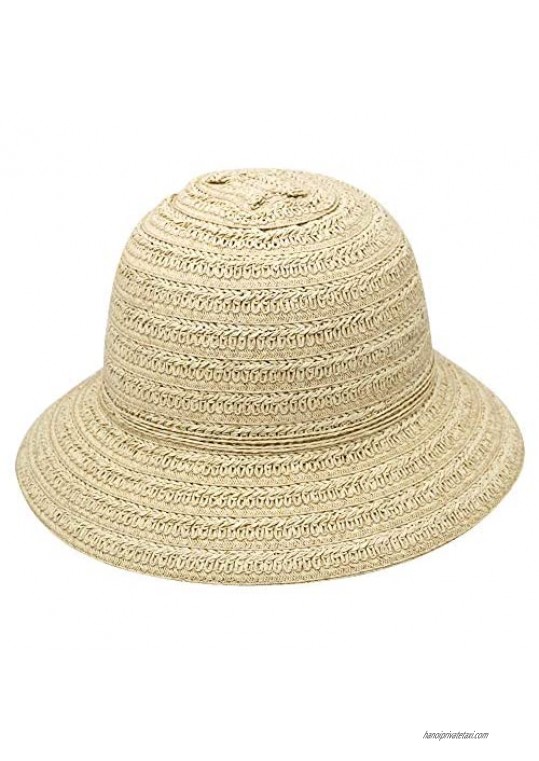 Krono Krown Women's Summer Straw Cloche Bucket Beach Sun Hat w/Suede Bow - Paper Straw  Adjustable  UPF50+