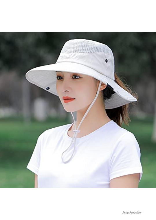 New Women Ponytail Outdoor Sun Protection Fishing Hats Wide Brim Bucket Cap Breathable Packable Hiking （Gray）