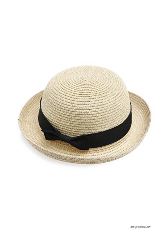 NUOLUX Fashion Beach Cap Bowknot Roll-up Wide Brim Dome Straw Summer Sun Hat (Beige)