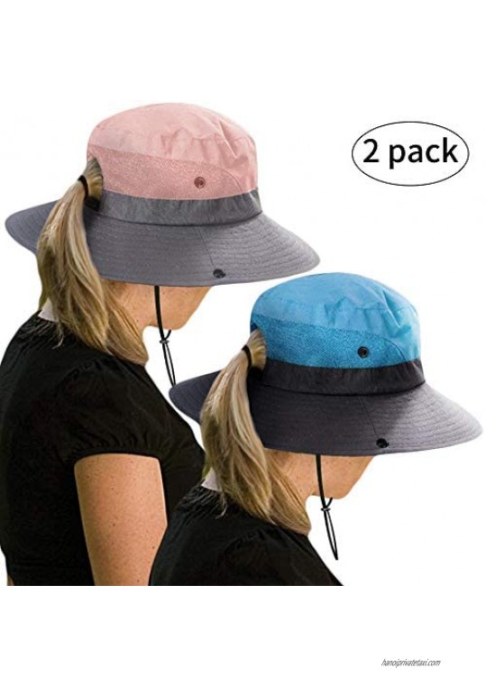 Rosoz 2 Pack Ponytail Sun Bucket Hats for Women UV Protection Foldable Mesh Wide Brim Hiking Beach Fishing Summer Safari
