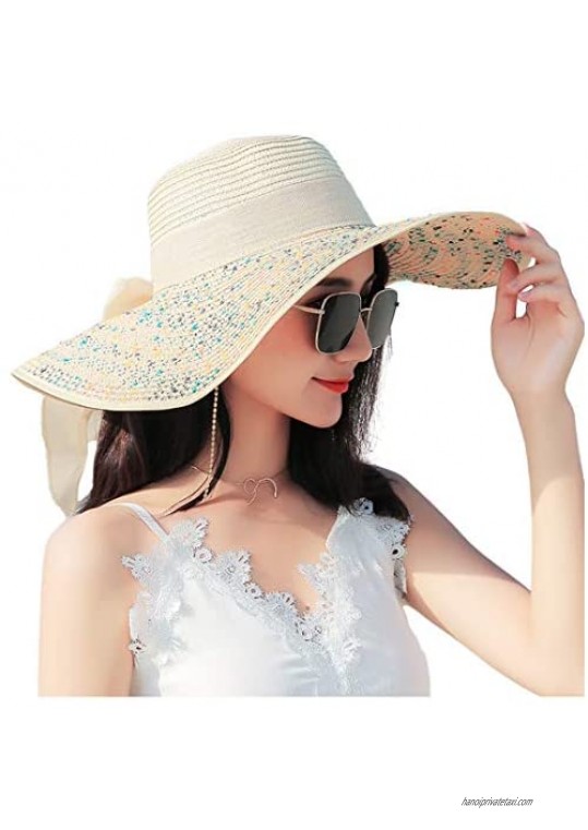 Sun Hat for Women Beach Straw Hat for Women Wide Brim Big Bowknot Summer Hats UV Protection UPF50+