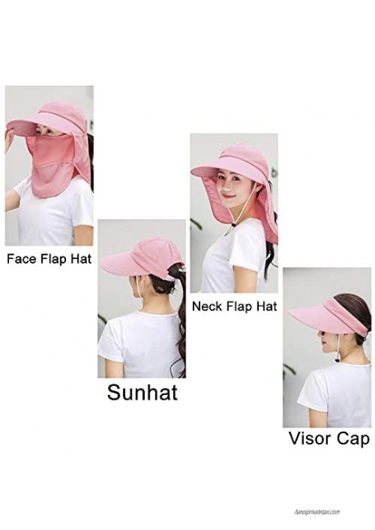 Sun Hats for Women Wide Brim UV Protection Visor UPF 50+ Fishing Hats Foldable Ponytail Summer Hat with Detachable Flap