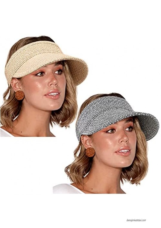Sun Straw Hat Womens Packable UPF 50+ Paper Sun Visor Hat Roll Up Wide Brim Beach Cap