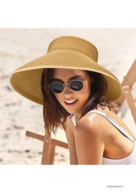 Sun Visor Hat Women Straw Sun Hat for Women Beach Hat UV Protection Wide Brim Hat Foldable Hat UPF 50+ Ponytail Visors