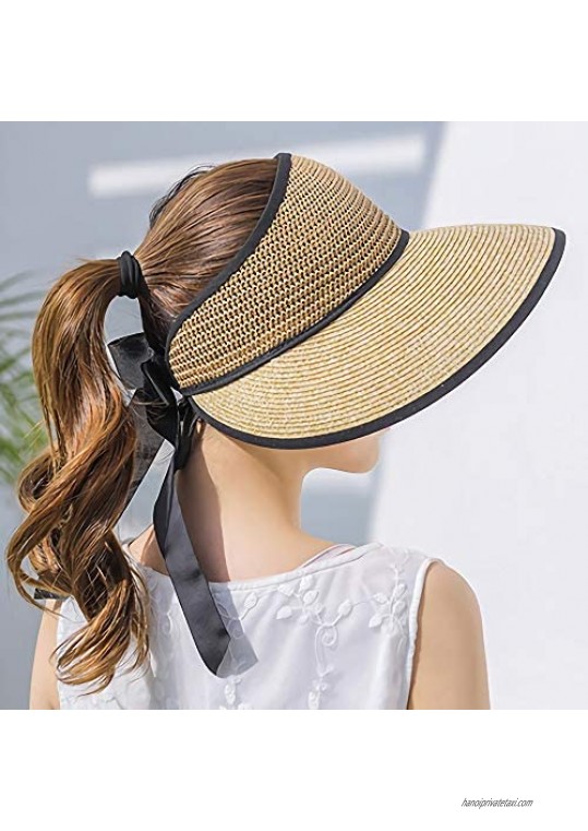 Sun Visor Hats for Women Elegant Straw Summer Beach Cap Adjustable Size Wide Brim