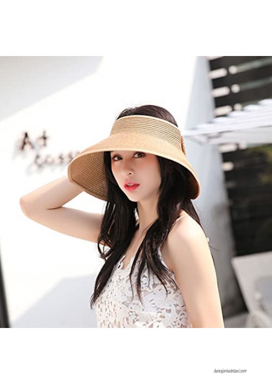 Sun Visor Hats for Women Sun Protection Wide Brim Straw Roll Up Summer Beach Hat UPF 50+ Packable Beach Cap for Sports Fan Visors Khaki