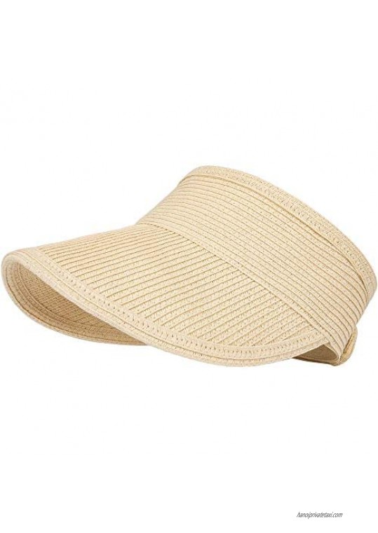 T WILKER Straw Beach Hat for Women Sun Visor Hats Summer Wide Brim Roll-up Foldable Cap
