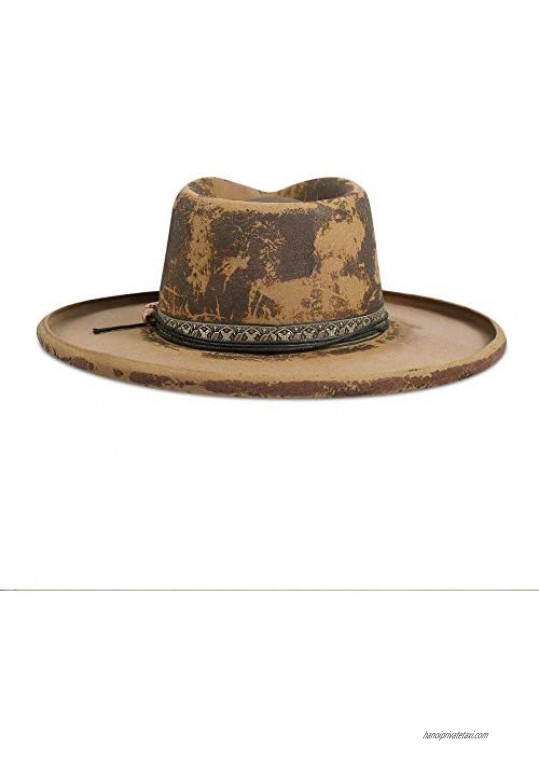 Vintage Fedora Firm Wool Felt Panama Rancher Hat Classic for Men Women Wide Brim with Strip Lightning Logo Distressed