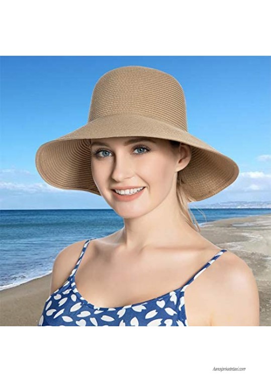 Womens Bowknot Straw Sun Hat UPF 50 Foldable Roll up Brim Summer Beach Cap