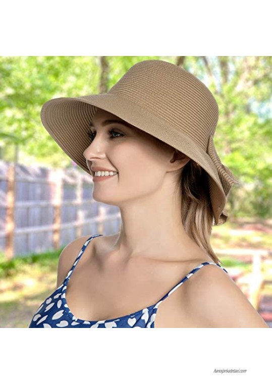 Womens Bowknot Straw Sun Hat UPF 50 Foldable Roll up Brim Summer Beach Cap