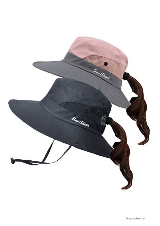Women's Summer-Sun-Hat - Outdoor-UV-Protection Mesh Wide-Brim-Foldable Beach Fishing Hat with Ponytail-Hole