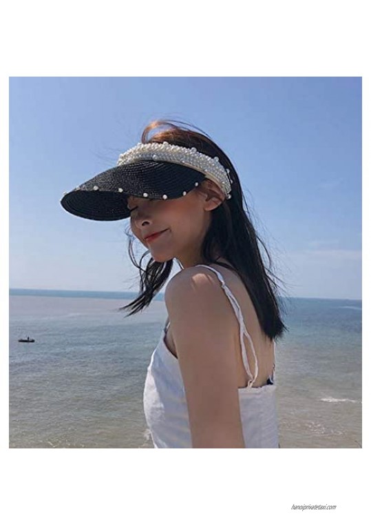 Women's Visor Beach Hat Packable Straw Hat Summer Straw Sun Hat with Decoration Pearl