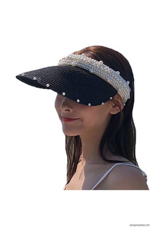 Women's Visor Beach Hat Packable Straw Hat Summer Straw Sun Hat with Decoration Pearl