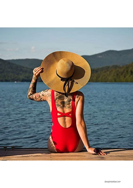 Womens Wide Brim Straw Sun Hat Beach Lady Panama Floppy Foldable Roll up Fedoras Summer UPF50+