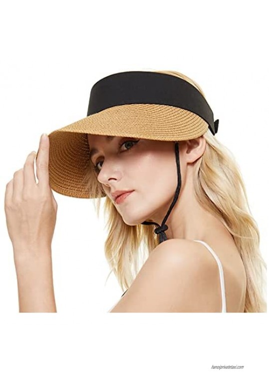 ZORBA Sun Visor Hats for Women Wide Brim Straw Summer Sun Hat with Wind Lanyard Roll-up Foldable Beach Hat Ponytail Cap UPF50