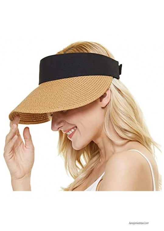 ZORBA Sun Visor Hats for Women Wide Brim Straw Summer Sun Hat with Wind Lanyard Roll-up Foldable Beach Hat Ponytail Cap UPF50