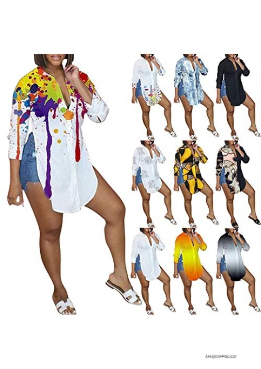 GKASA Shirt Women Casual Long Sleeve Button V Neck Summer Curved Hem Blouse Floral Print Shirt Side Split Shirts Tunic Tops