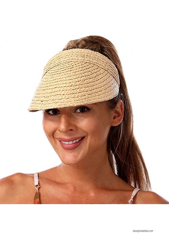 Outrip Visors for Women  Straw Sun Visors for Women Natural Raffia Roll-up Beach Sun Hats UV Protection