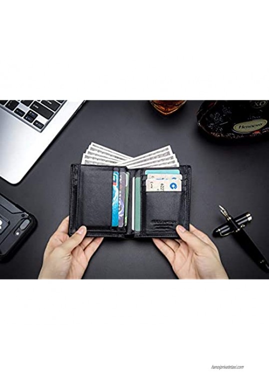 BAIGIO Mens Wallet Genuine Leather RFID Blocking Bifold Large Capacity Slim Front Pocket ID Window Credit Card Holder with 15 Card Slots