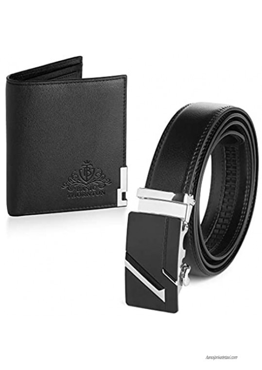 Basic Thornton Mens Adjustable Leather Belt and Bifold Wallet Set Black - Premium Belts and Wallets for Men - Durable Alloy Ratchet Buckle 3 Card Slots Business Card and ID Slot 2 Cash Pockets