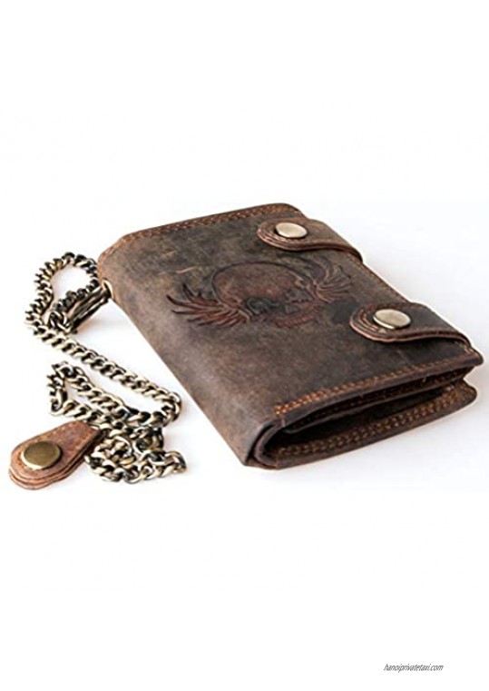 Brown Strong Genuine Leather Biker's Wallet with a Skull with Metal Chain - RFID