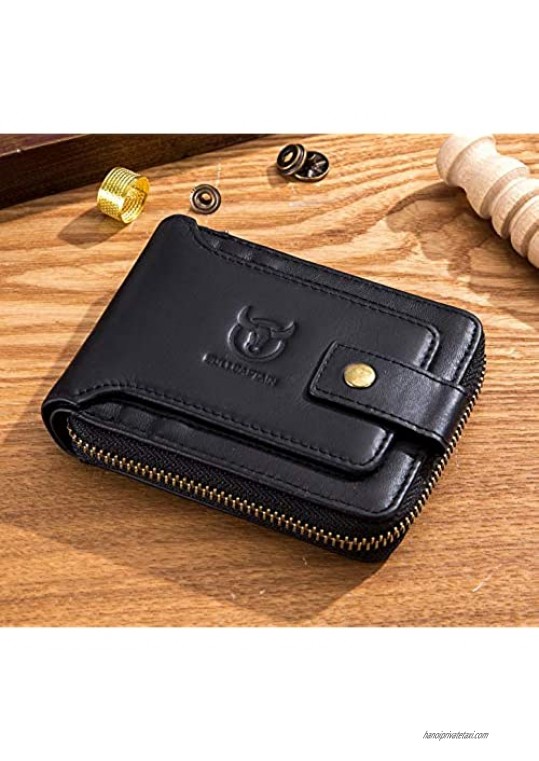 BULLCAPTAIN Genuine Leather Men Wallet with ID Window RFID Blocking Zipper Bifold Wallets Multi Card Holder Zip Coin Purse (Black)
