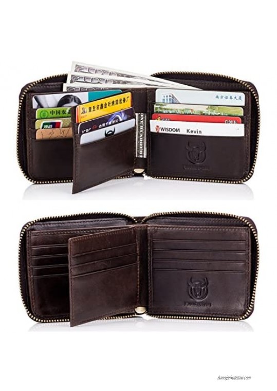 BULLCAPTAIN Leather Wallets for Men RFID Blocking Zipper Bifold Credit Card Wallets