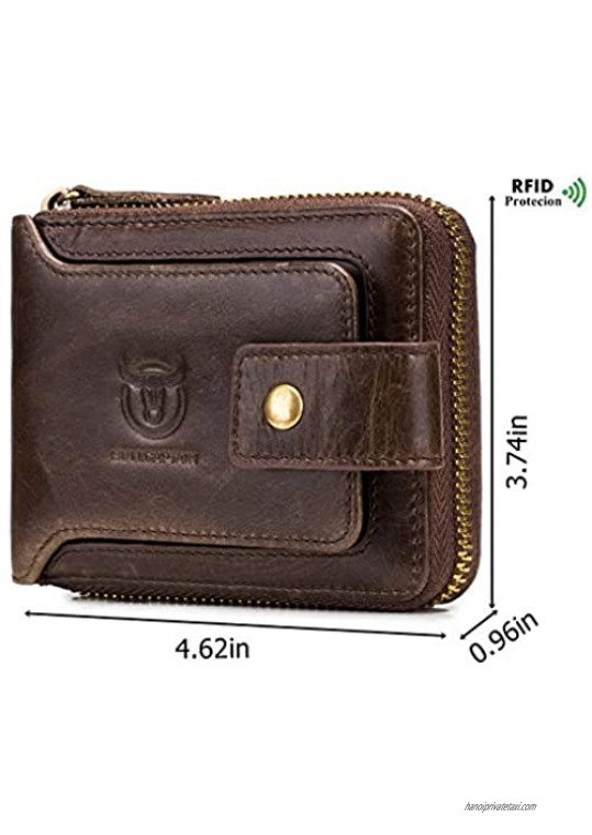 BULLCAPTAIN Men Zipper Around Wallet Genuine Leather RFID Blocking Bifold Large Capacity Coin Purse with ID Window (Brown)