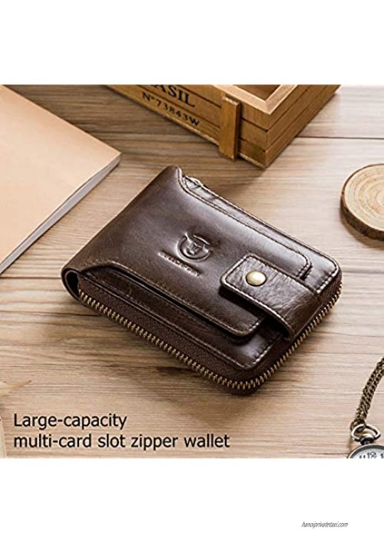 BULLCAPTAIN Men Zipper Around Wallet Genuine Leather RFID Blocking Bifold Large Capacity Coin Purse with ID Window (Brown)