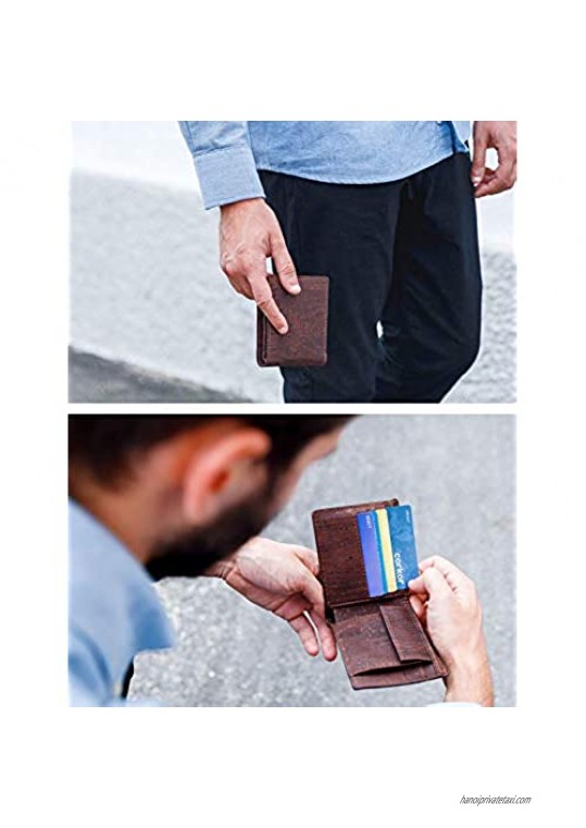 Corkor Vegan RFID Wallet With Coin Pocket Men Bifold Card Holder No-Leather Cork Brown Color